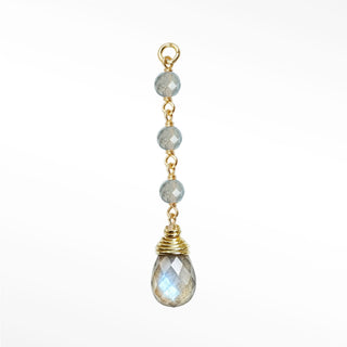 Ear charms showcasing a dramatic three-bead labradorite cascade and hand-selected briolette in solid 14k gold.