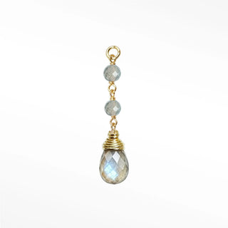 Ear charms designed with a tiered cascade of two faceted labradorite beads and striking briolette drop. Easily slide