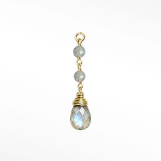 Ear charms designed with a tiered cascade of two faceted labradorite beads and striking briolette drop. Easily slide