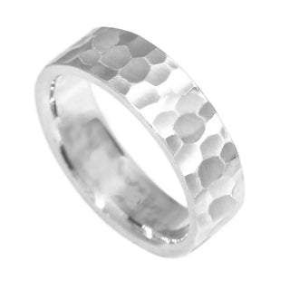 Silver hammered texture cigar band ring featuring a band ring hammer design in sterling silver for wedding use