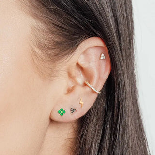Natural emerald flat back earring clover 14k white - 14k gold