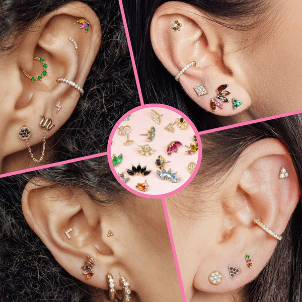 Colorful gemstone earrings arranged in several curated ear looks