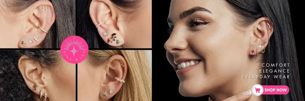 A collection of delicate, multi-piece gold-toned ear cuffs and studs featuring intricate designs like geometric shapes and tiny gemstones.
