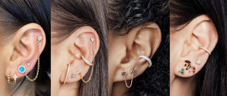 A collection of elegant, multi-piece ear jewelry sets featuring gold-toned metal with sparkling diamonds and colorful gemstones in various designs.