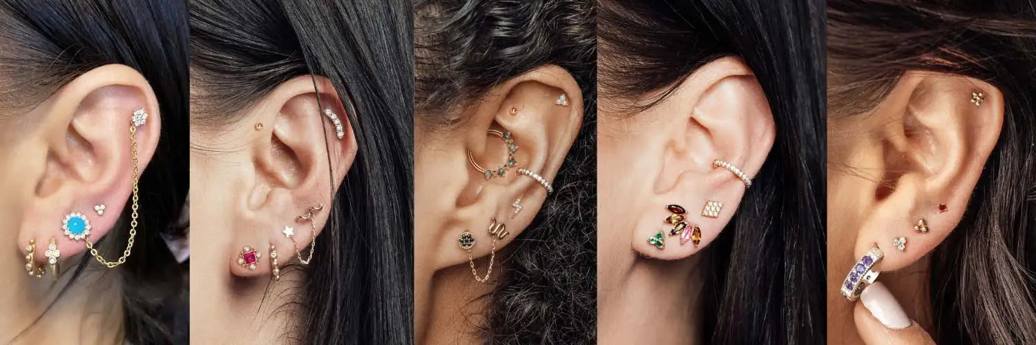 Gold gemstone piercing jewelry with chain