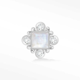 A 14k white hypoallergenic flat back earring from the wynning studs featuring a square moonstone and round diamonds