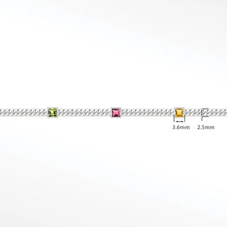 Silver chain bracelet with 5mm square bezel green pink and yellow gemstones in bezel silver chain design