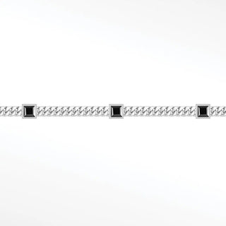 Silver chain bracelet with three square-cut black onyx stones in 5mm square bezel silver links for permanent jewelry