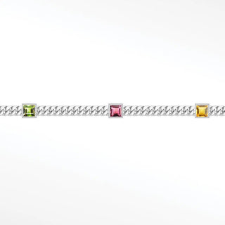 Silver chain bezel silver designer Cuban 2.5mm square bezel bracelet with green pink and yellow square-cut gemstones