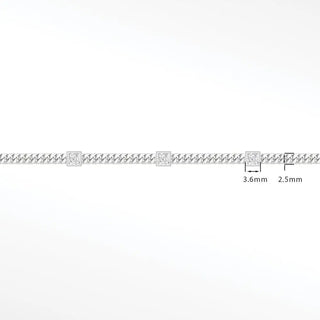 Silver square bezel chain bracelet with 5mm square bezel diamonds in a modern bezel silver chain design