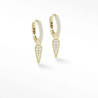 Gold hoop convertible earrings with pave dagger 11mm diamond 14k yellow gold and dangling pointed teardrop charms