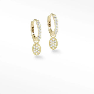 Gold hoop convertible earrings featuring dagger 11mm diamond 14k yellow gold with pave crystal encrusted oval charms