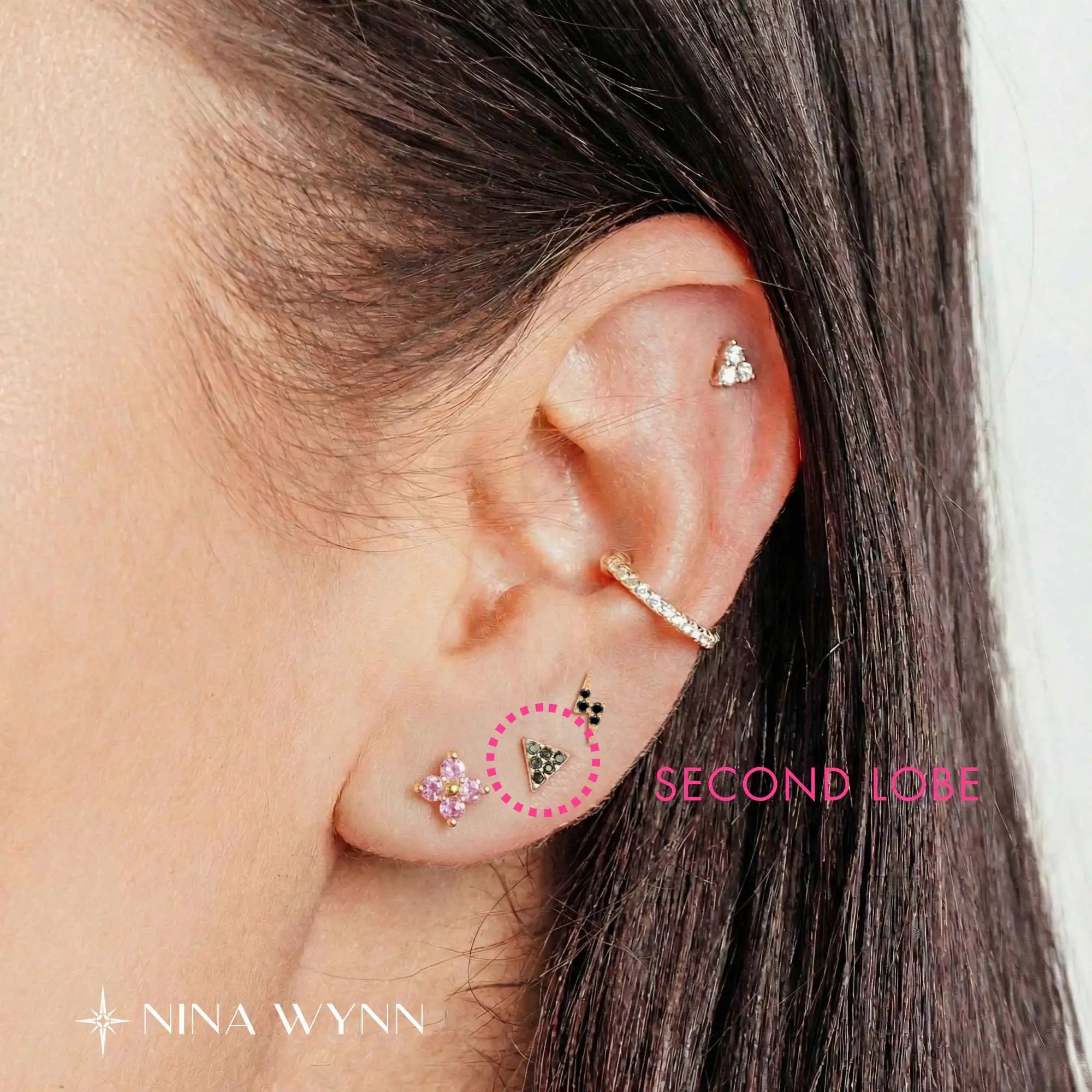 Second lobe piercing position on the soft tissue of the earlobe.