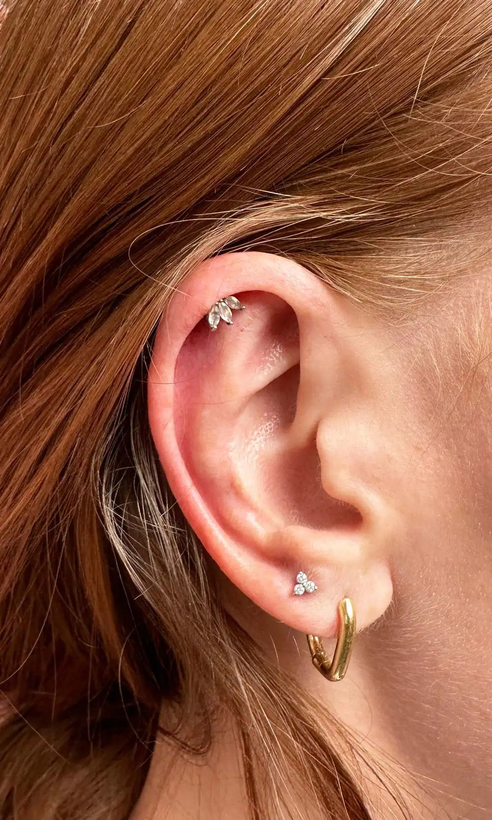 Leaf stud piercing jewelry with clear gemstones