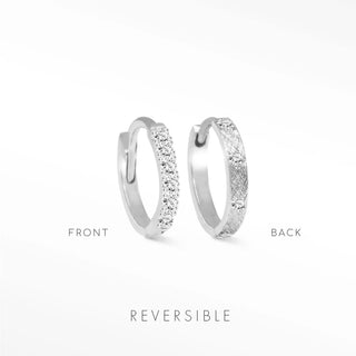 Silver 14k white gold diamond hoop earrings by natalie wynning reversible with sparkling diamonds and textured pattern