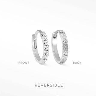 Silver diamond hoop earrings reversible in 14k white gold with sparkling diamonds and textured fine jewelry design