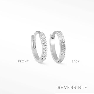 Silver diamond hoop earrings reversible in 14k white gold with sparkling diamonds and textured fine jewelry design