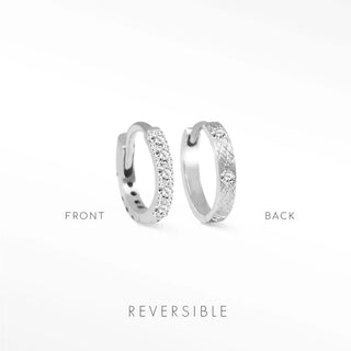 Silver diamond hoop earrings with reversible textured and diamond sides in 14k white gold fine jewelry by natalie wynning