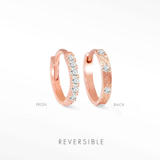 Natalie 15mm 14K rose gold hoops showing lab-grown diamond rows and Florentine reverses with diamond accents.