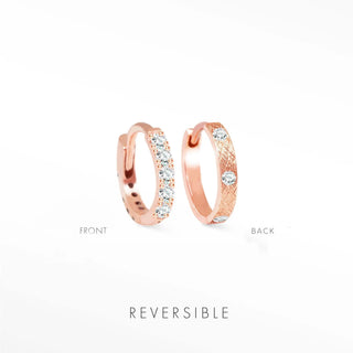 Diamond hoop earrings in 14k rose gold featuring reversible design with diamond side and textured side by Natalie Wynning