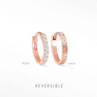 Diamond hoop earrings in 14k rose gold reversible design with sparkling diamonds and intricate texture by Natalie Wynning