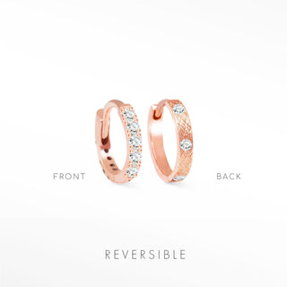 Diamond hoop earrings in 14k rose gold featuring reversible design with diamond side and textured side by Natalie Wynning