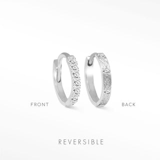 Silver 14k white gold diamond hoop earrings by natalie wynning reversible with sparkling diamonds and textured pattern