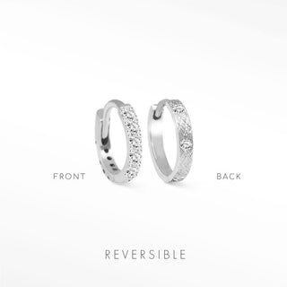 Silver diamond hoop earrings with reversible textured and diamond sides in 14k white gold fine jewelry by natalie wynning