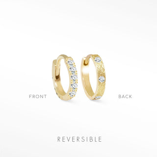 Diamond huggie earrings in 14k yellow gold reversible hoops with clear crystals and engraved textured pattern