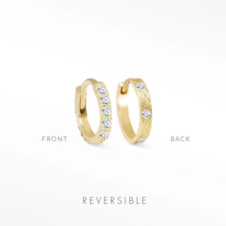 Diamond huggie earrings in 14k yellow gold reversible hoops with clear crystals and engraved textured pattern