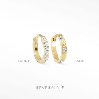 Diamond huggie earrings in 14k yellow gold reversible hoops with clear crystals and engraved textured pattern