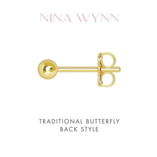Baby lotus diamond stud earrings in 14k gold with gold-colored spherical studs and traditional butterfly backs