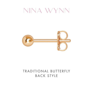 Gold-toned spherical stud earring with traditional butterfly back in 14k rose gold bezel diamond stud earrings