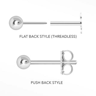 Silver ball stud earrings with flat back and push back styles paired with clover 14k white diamond stud earrings