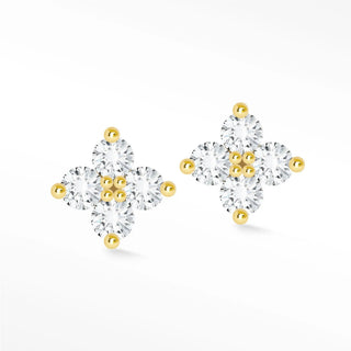 Delicate 14k yellow gold diamond stud earrings clover with clear cubic zirconia and tiny golden bead accents