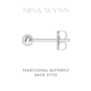 Silver ball stud earring in 14k white gold with traditional butterfly back style for diamond stud earrings