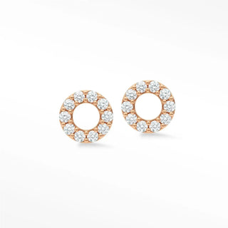 Donut diamond stud earrings in 14k rose gold featuring hoop design with a halo of sparkling round diamonds