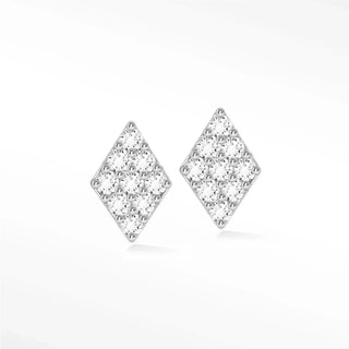 Diamond stud earrings featuring diamond-encrusted rhombus shape in sleek 14k white gold setting