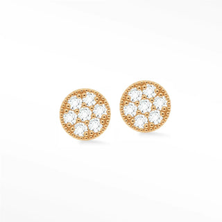Round rose gold diamond stud earrings with pave clear cubic zirconia in 14k rose gold glazed donut design