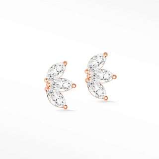 Baby lotus diamond stud earrings in 14k rose gold with three marquise-cut crystals in a leaf design