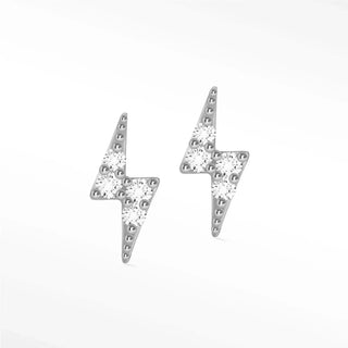 Silver lightning bolt 14k white diamond stud earrings with clear crystals and metallic bead detailing along edges