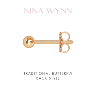 Gold-toned spherical stud earring with traditional butterfly back in 14k rose gold for diamond studs collection