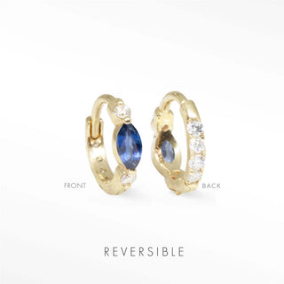 Gold reversible huggies featuring diana blue sapphire marquise cut and clear cubic zirconia in sapphire 14k gold