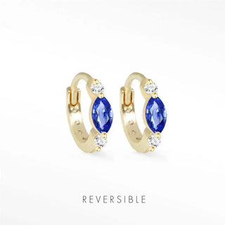 Gold reversible huggies featuring diana blue sapphire and round diamonds in sapphire 14k gold 10mm huggie earrings
