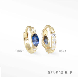 blue sapphire huggie earrings 14k yellow gold reversible, classic huggies with vibrant stones