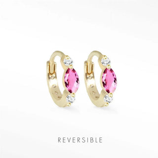 Diana pink sapphire gold reversible huggies 10mm featuring gold hoops with a pink sapphire and clear diamonds