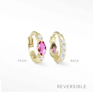 pink sapphire huggie earrings 14k yellow gold reversible, polished gold with gemstone detail