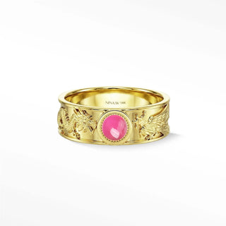 Gold band dragon phoenix ruby ring with intricate angel engravings and central natural pink ruby cabochon gemstone