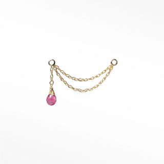 Ear chain pink tourmaline & rope double decker 14k yellow