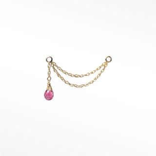 Ear chain pink tourmaline & rope double decker 14k yellow